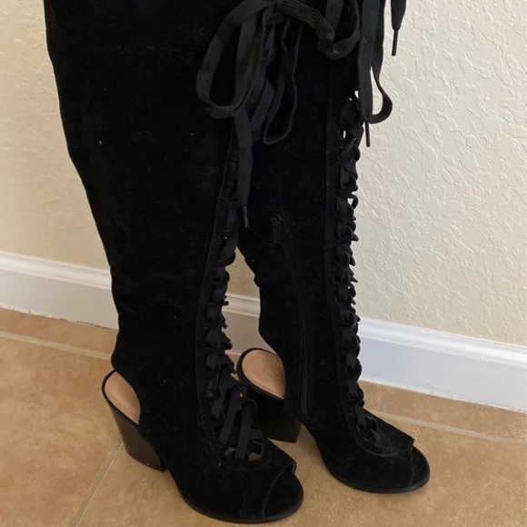 Forever 21 Lace Up Peep Toe Suade Velvet Black Boots - Picture 1 of 3
